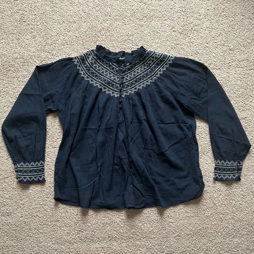 Madewell Navy Blue Embroidered Long-Sleeve Peasant Blouse